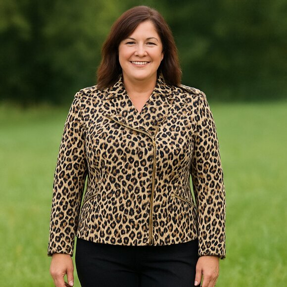 Bianca Nygard Sz 8 (Med) Animal Print Moto Jacket Short Zippered Lined Cotton - Picture 1 of 16